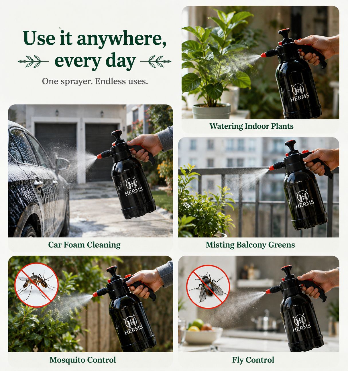 HERMS Premium 2L Hand Pressure Garden Sprayer BLACK Pump | Adjustable Nozzle for Plant Watering, Fertilizers & Pesticide Spraying