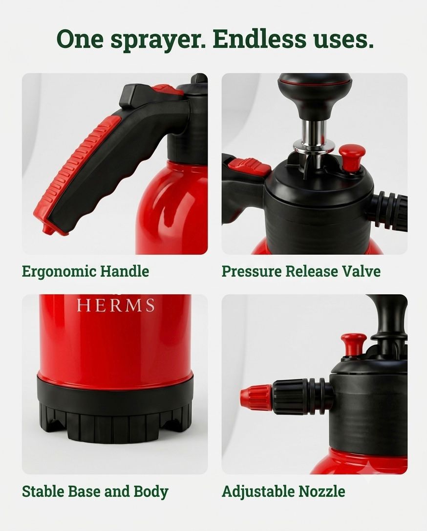 HERMS Premium 2L Hand Pressure Garden Sprayer RED Pump | Adjustable Nozzle for Plant Watering, Fertilizers & Pesticide Spraying