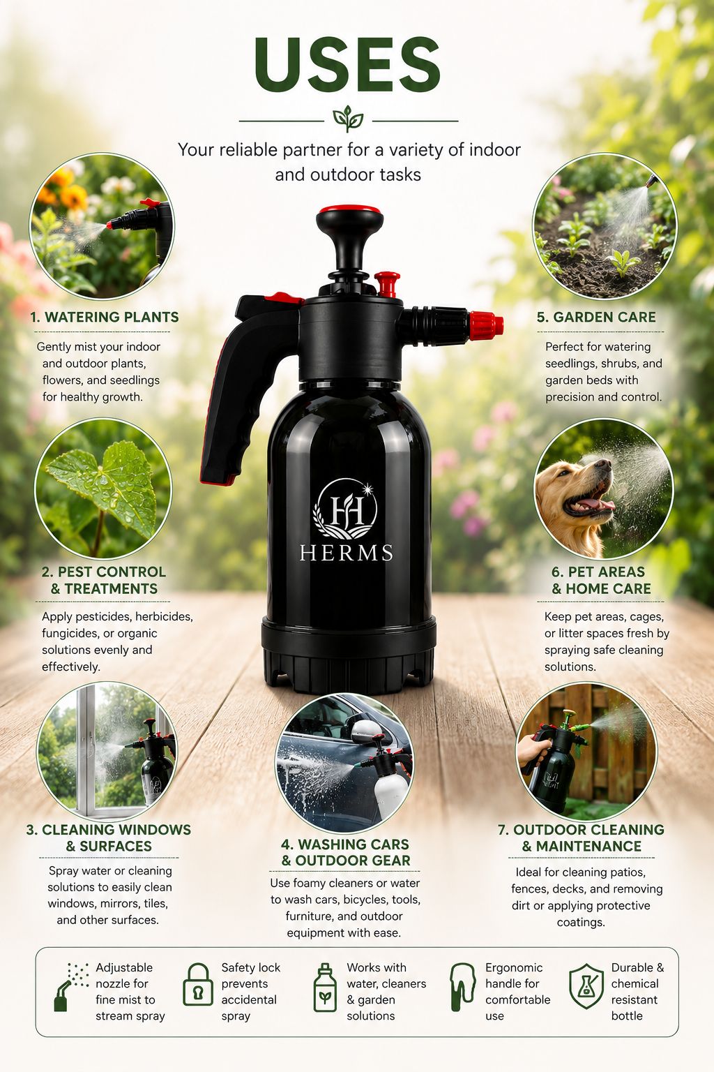 HERMS Premium 2L Hand Pressure Garden Sprayer BLACK Pump | Adjustable Nozzle for Plant Watering, Fertilizers & Pesticide Spraying